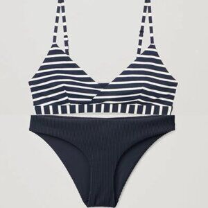 COS Striped Crossover Bikini Top and Classic Bikini Bottoms Navy White Stripe